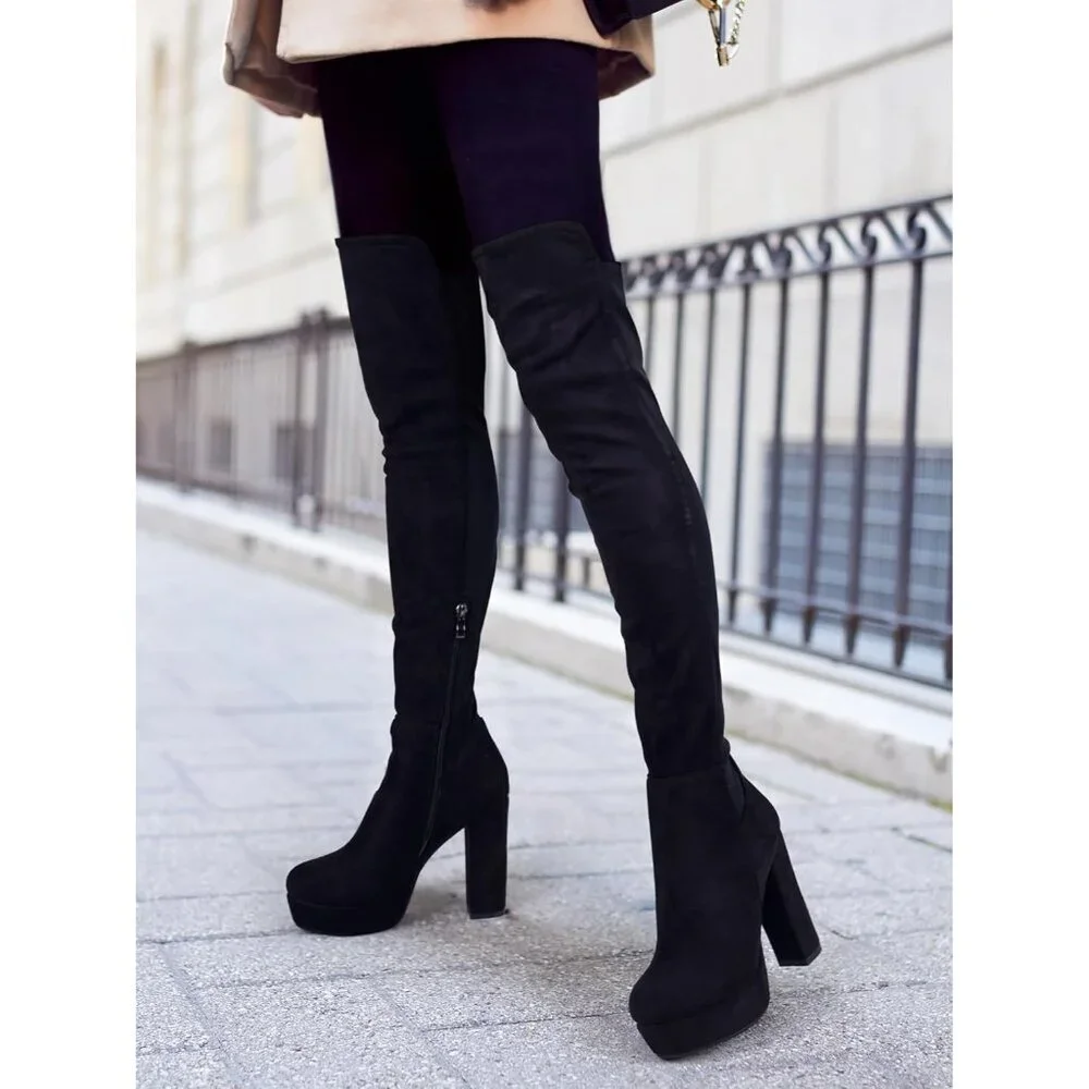 Women Black-pj-suede Synthetic Chunky Heel Side Zipper Thigh High Western Boots